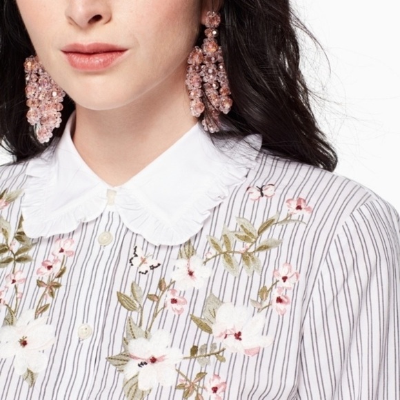 KATE SPADE Stripe Ruffle Floral Embroidered Button Down Shirt - Picture 3 of 12